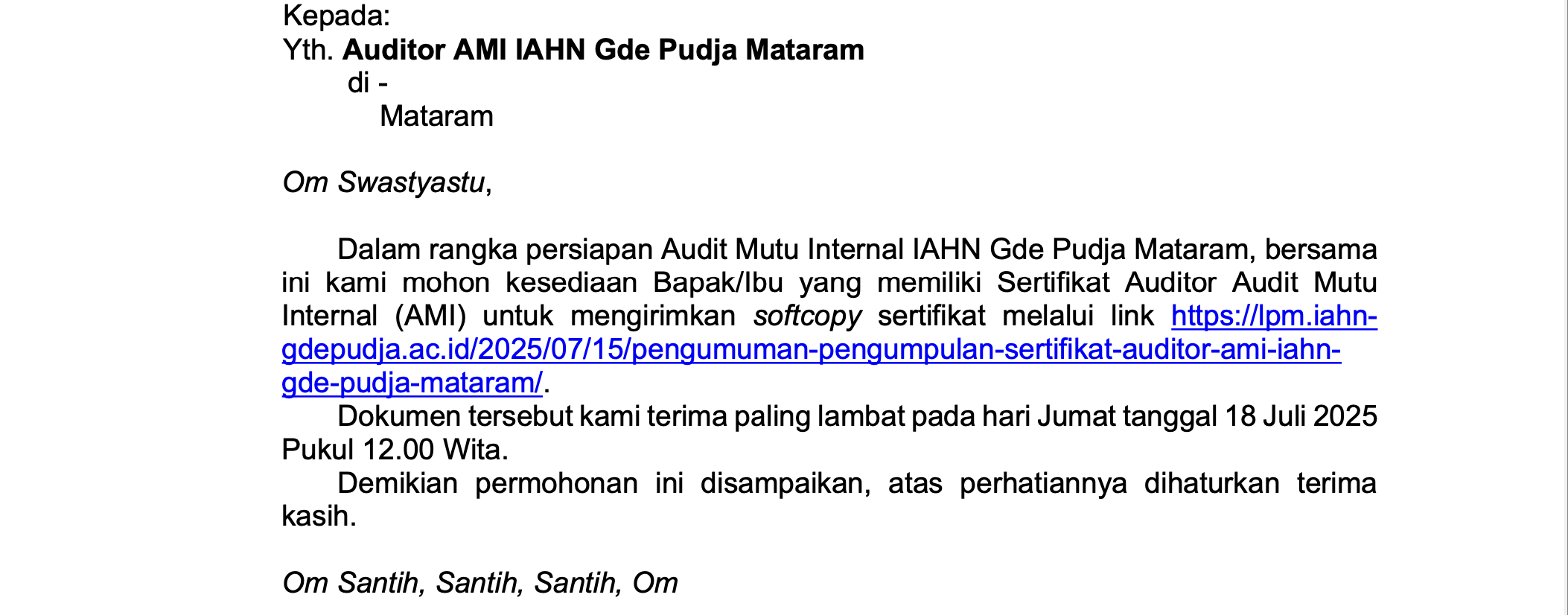 Pengumuman Pengumpulan Sertifikat Auditor AMI IAHN Gde Pudja Mataram